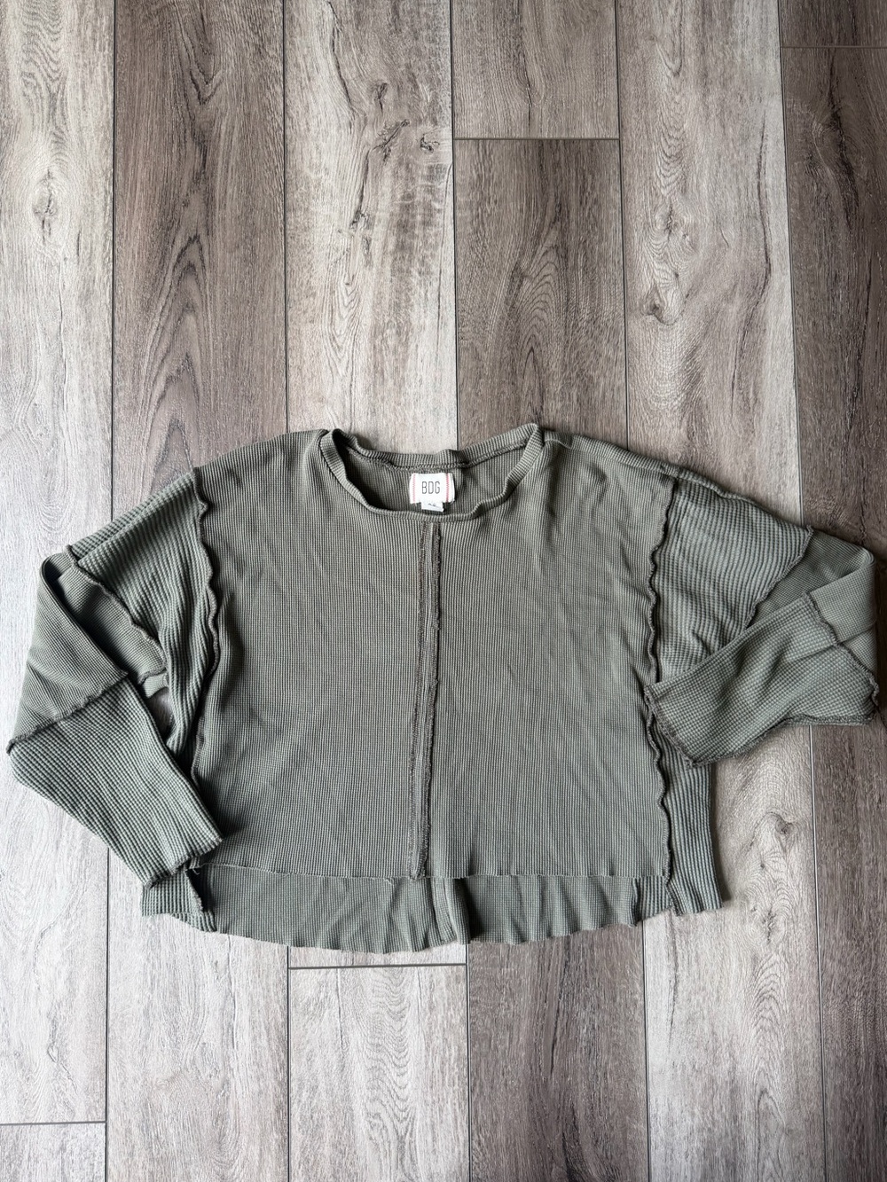 BDG- Oversized Comfy Cropped Olive Green Ribbed Thermal Pullover Top